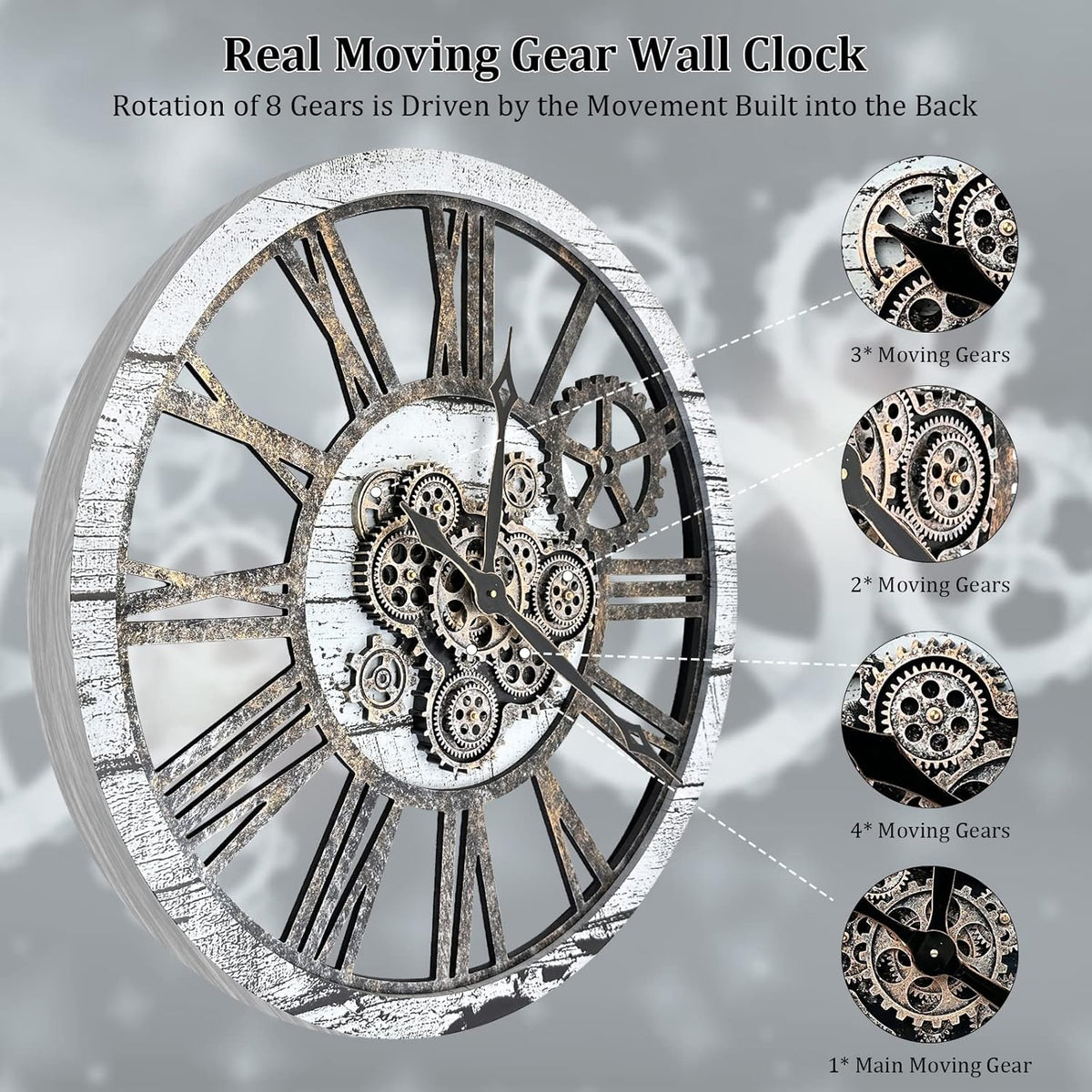 HOIBAI Large Wall Clock Clocks for Living Room Decor Oversized 30 Inch Wall Decor Farmhouse Vintage Rustic Industrial Roman Big Chic Home Decor Wall Clock for House Bedroom, Moving Gears Clock