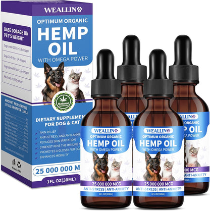 Hemp Oil for Dogs and Cats - Omega-3, 6, 9 Rich Organic Extract - Eases Pet Anxiety, Pain, Skin & Coat Health - Stress Relief, Hip & Joint Support - Calming Treats (4 Pack)