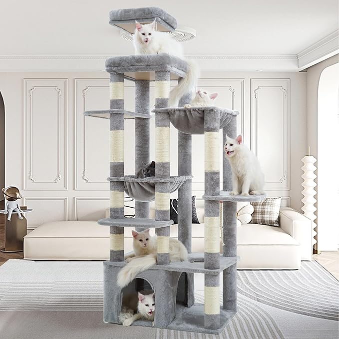 Heybly Cat Tree, 71-Inch Tall Cat Tower for Large Maine Coon Cats with Extra-Large Baseboard, Cat Condo Furniture with Multi-Level Platforms, 2 Hammocks and 12 Scratching Posts, Light Gray HCT037W