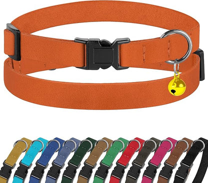 Breakaway Cat Collar Leather with Removable Bell - 13 Colors Available - Soft Adjustable Girl Boy Safety Lightweight Pet Kitten Collars Pink Brown Blue Green Red Orange Black (Orange)