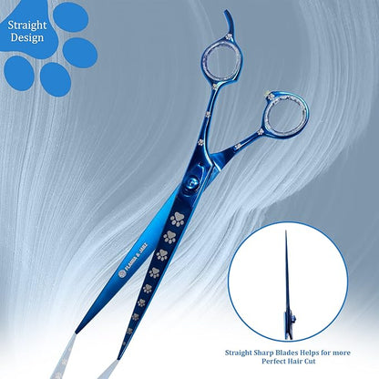 Professional Dog Grooming Scissors/Shears, Straight, with Paw Prints for Dogs, Cats & Pets (Right Handed, Blue, Stainless Steel 8 Inch)