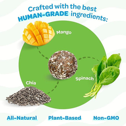Mango, Chia, & Spinach Grain Free Dog Treats Soft - All Natural Dog Treats - Human Grade, Gluten Free, Non-GMO, Clean & Nutritious, Plant Based Vegan Ingredients - 18pk