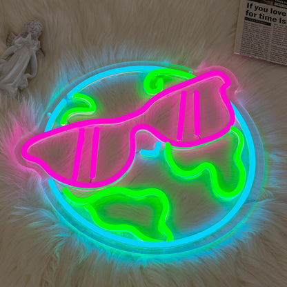 Earth Neon Sign Sunglasses Neon Light for Wall Decor Planet Neon Light Colorful LED Neon sign USB Powered LED Light Up Sign for Bedroom Kids Room Classroom Decoration