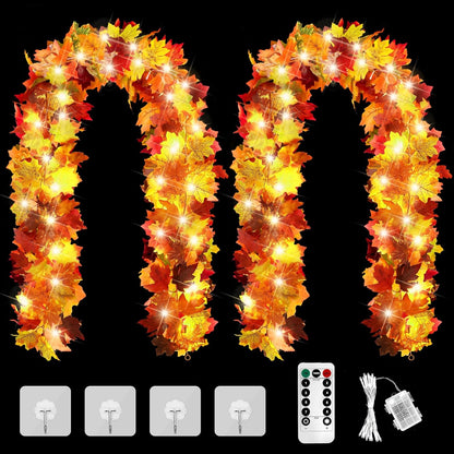 Aneco 2 Pack 5.74 Feet Each Maple Leaves Garlands with 8 Lighting Modes LED String Lights Artificial Maple Leaf Fall Decorations for Home Indoor Outdoor Thanksgiving Halloween Decor, Total 11.5 Feet