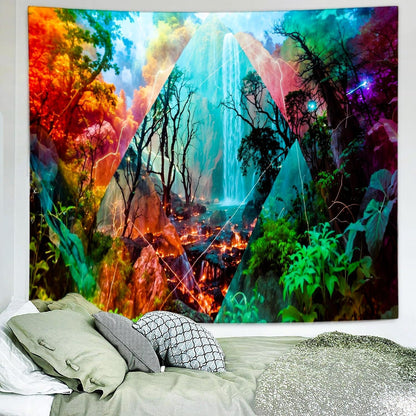 Delur Forest Tapestry Waterfall Mountain Rainforest Sunset Nature Tree Tapestry Wall Hanging Scenic Tropical Landscape Natural Sunrise Headboard for Bedroom Living Room Home Decor (70.8" x 92.5")