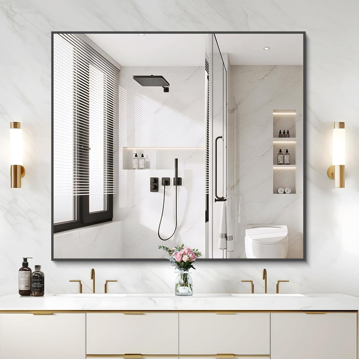 Black Bathroom Mirror for Wall, 36x40 Inch Rectangle Mirrors with Metal Frame, Modern Rectangular Wall Mirror for Bathroom Living Room, Entryway Hangs Horizontal or Vertical