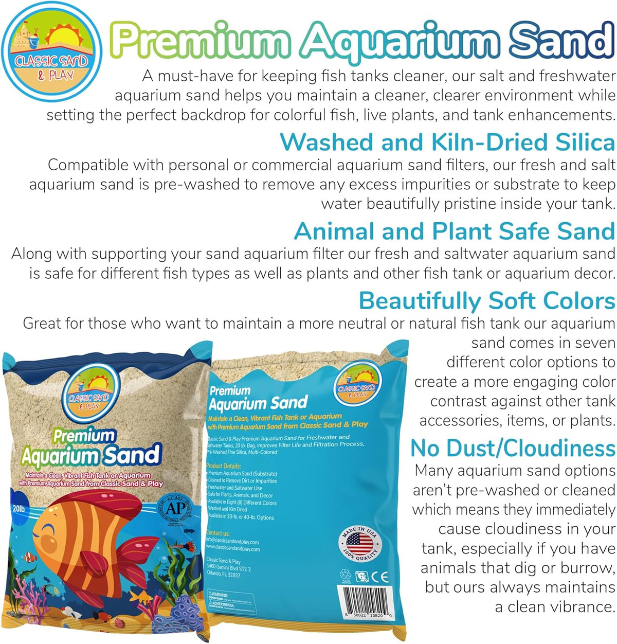 CLASSIC SAND & PLAY Natural Aquarium Sand for Freshwater and Saltwater Tanks, 20 lb. Bag, Improves Filter Life and Filtration Process, Pre-Washed Fine Sand, Natural