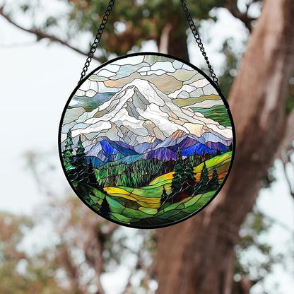 Stained Glass Window Hanging 4 Pcs Set Mountains Lake Green White Landscape 7.8" - Suncatcher Door Garden Sun Catcher Decor Birthday Christmas for Mom Woman Nana Men