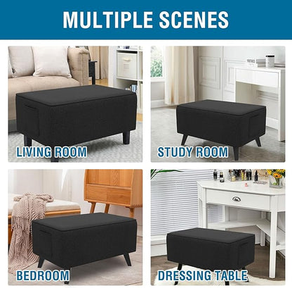 H.VERSAILTEX Ottoman Cover Rectangle Fit Length 43"-44" Footrest Linen Look Ottoman Slipcovers Thick Ottoman Covers Slipcover Rectangle Slipcovers for Ottomans Sturdy Foot Stool Cover - Heather Black