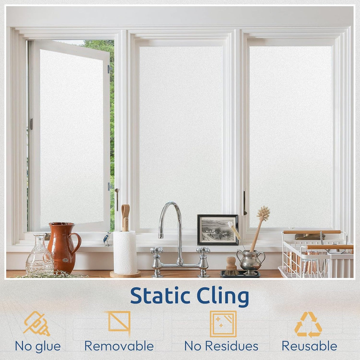 rabbitgoo Window Privacy Film, Non-Adhesive Frosted Glass Window Film for Bathroom, Static Cling Heat Blocking Stickers for Home Indoor Opaque Frosting Coverings House Tint, Matte White 29.5" x 118.1"