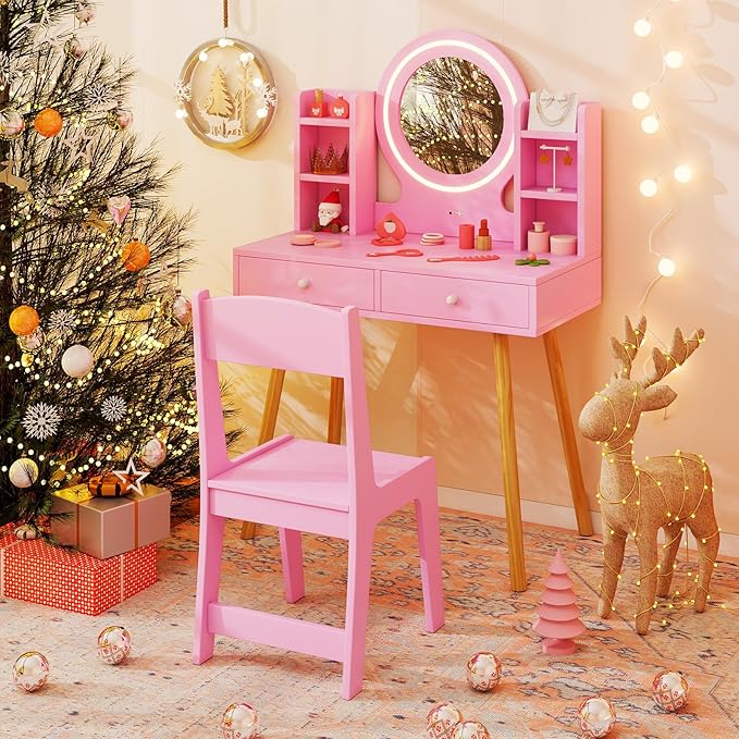 Costzon Kids Vanity, Girls Vanity Set with Mirror and Stool and Lights, Drawers, Storage Shelves, Wooden Toddler Makeup Vanity Desk Dressing Table, Kids Vanity Table and Chair Set (Pink)