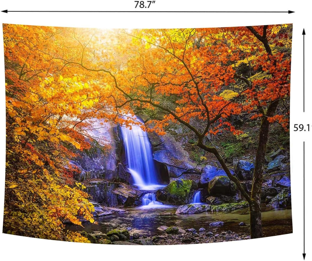 Delur Waterfall Tapestry Forest Nature Scenic Tree Mountain Sunset Tapestry Wall Hanging Natural Landscape Sunrise Headboard for Bedroom Living Room Home Decor (59.1" x 78.7")