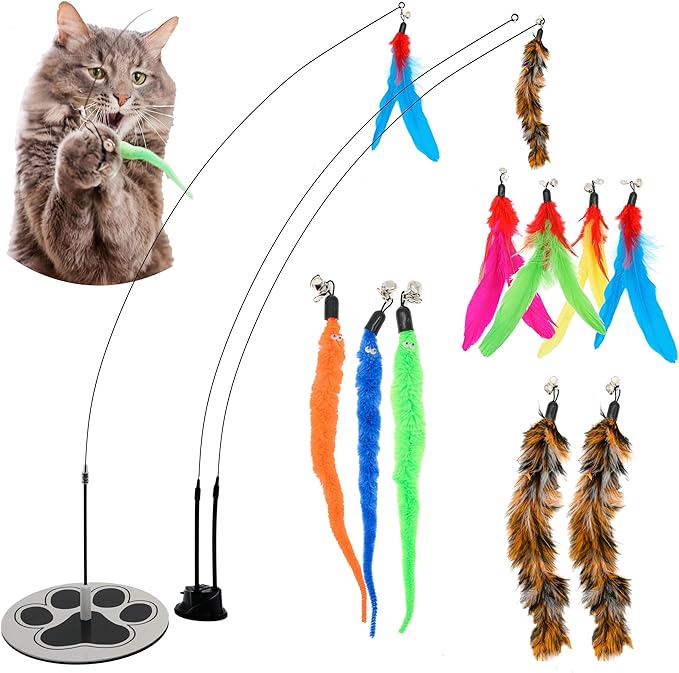 Suction Cup Cat Toys for Indoor Cats Interactive Suction Cup Cat Wand Toy Feather Teaser for Indoor Cats & Kittens Multi Surface Base for Hands Free Play