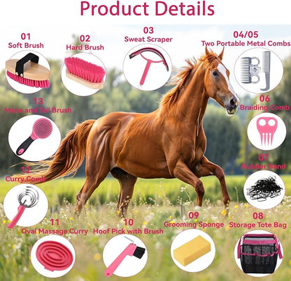 Horse Grooming Kit 13 Piece, Horse Brushes for Grooming Supplies with Tote Bag, Horses Tack Brush Set for Effective Grooming and Cleaning, Gift for Horse Riders Beginners (Pink)