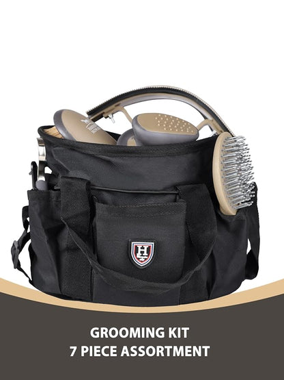 Harrison Howard Horse Grooming Brushes Kit 7 pieces with Organizer Tot Equine Care Series Horse Brush Sets Black