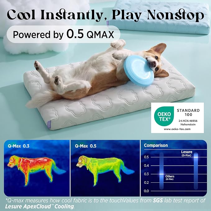 LE SURE ApexCloud™ Small Cooling Dog Bed with Washable Cover, 23x17 Inch | Q-Max>0.5 Cool-Touch Fabric, Orthopedic Egg Crate Foam,Breathable Non-Slip Summer Mat,For Active Senior Long-Haired Pets,Grey