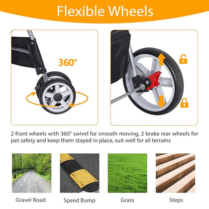 Pet Stroller for Dogs, Black 4 Wheels Cat Strolling Cart Foldable Travel Carrier, Waterproof Puppy Jogger Stroller with Storage Basket & Cup Holder