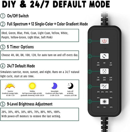 24/7 LED Aquarium Light for 24-30 Inch Plant & Fish Tank IP68, 12-Color & Gradient & Full Spectrum with Sunrise-Daylight-Moonlight, Auto On/Off, Brightness, Extendable Brackets for Freshwater