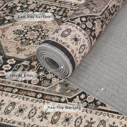 2'6x12 Hallway Washable Runner Rug - Vintage Kitchen Rugs with Non Slip Backing Stain Resistant Carpets for Living Room Bedroom Soft Distressed Floor Home Decor Mat for Bathroom (2'6''x12', Black)