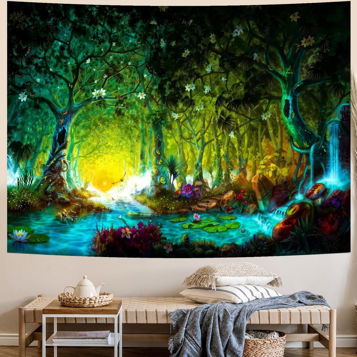 Delur Fantasy Forest Tapestry Mystical River Enchanted Magical Fairy Tale Tree Tapestry Sunrise Landscape Sunset Nature Psychedelic Wall Hanging Headboard for Bedroom Living Room Home Decor (59.1" x 78.7")
