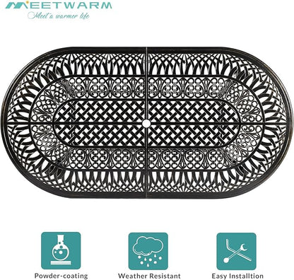 MEETWARM 9-Piece Patio Dining Set, All Weather Cast Aluminum Outdoor Dining Table Set with 1 Oval Table, 8 Chairs, 8 Cushions, 2" Umbrella Hole, Dark Bronze