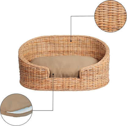 DBD1001B Curvy 33" x 21.25" Classic Handwoven Rattan Pet Bed with Machine-Washable Cushion, Light Brown