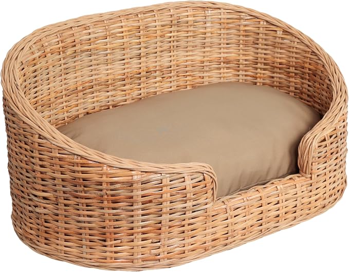 DBD1001B Curvy 33" x 21.25" Classic Handwoven Rattan Pet Bed with Machine-Washable Cushion, Light Brown