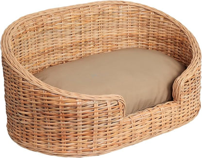 DBD1001B Curvy 33" x 21.25" Classic Handwoven Rattan Pet Bed with Machine-Washable Cushion, Light Brown