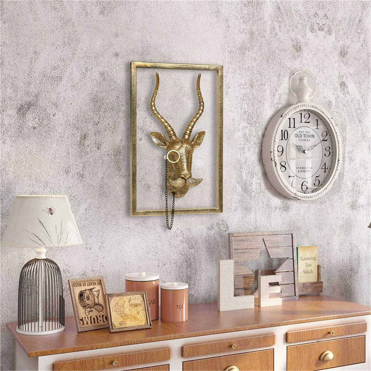 Animal Heads Wall Decor (Includes Metal Frame) Resin Animals Sculptures Head Wall Hanging Decoration Gold vintage Wall Sculpture for Living Room Bedroom Office(Antelope)