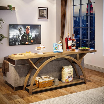 Tribesigns 70.87" Console Table with Storage Shelf, Narrow Long Sofa Table Behind Couch Table, 2-Tier Rustic Entryway Table with Half Moon Frame for Hallway Living Room, Gray & Black (Light Brown)