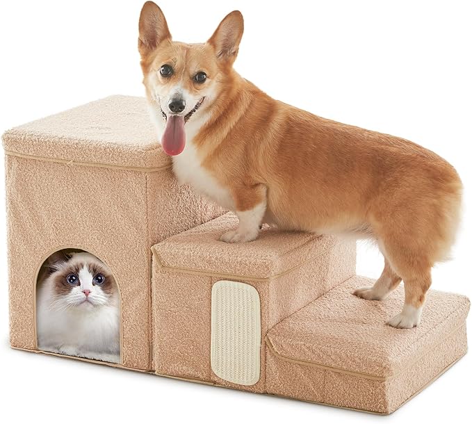 Dog Stairs with Storage and Condo,Cat Scratcher, 3-Step Sturdy Dog Steps for Small Medium or Large Older Dogs Cats, Folding Pet Stairs Climbing Sofas, high beds, Windows and Cars (Beige,16.7'' H)