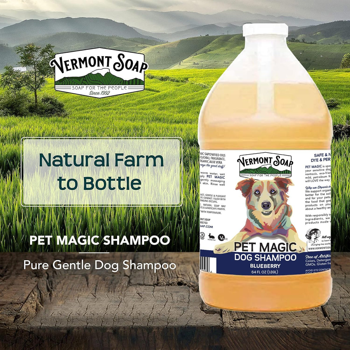 VERMONT SOAP Organics Pet Shampoo - Infused with Organic & Natural Olive Oil, Coconut & Aloe Vera Dog Shampoo for Sensitive Skin - USDA Certified Grooming, Blueberry (64oz)