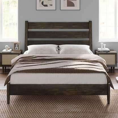 VanAcc Solid Wood Queen Bed Frame, Platform Bed with Reclining Slatted Headboard, Mid Century Bed Frame with Wood Slat Support, Dark Brown