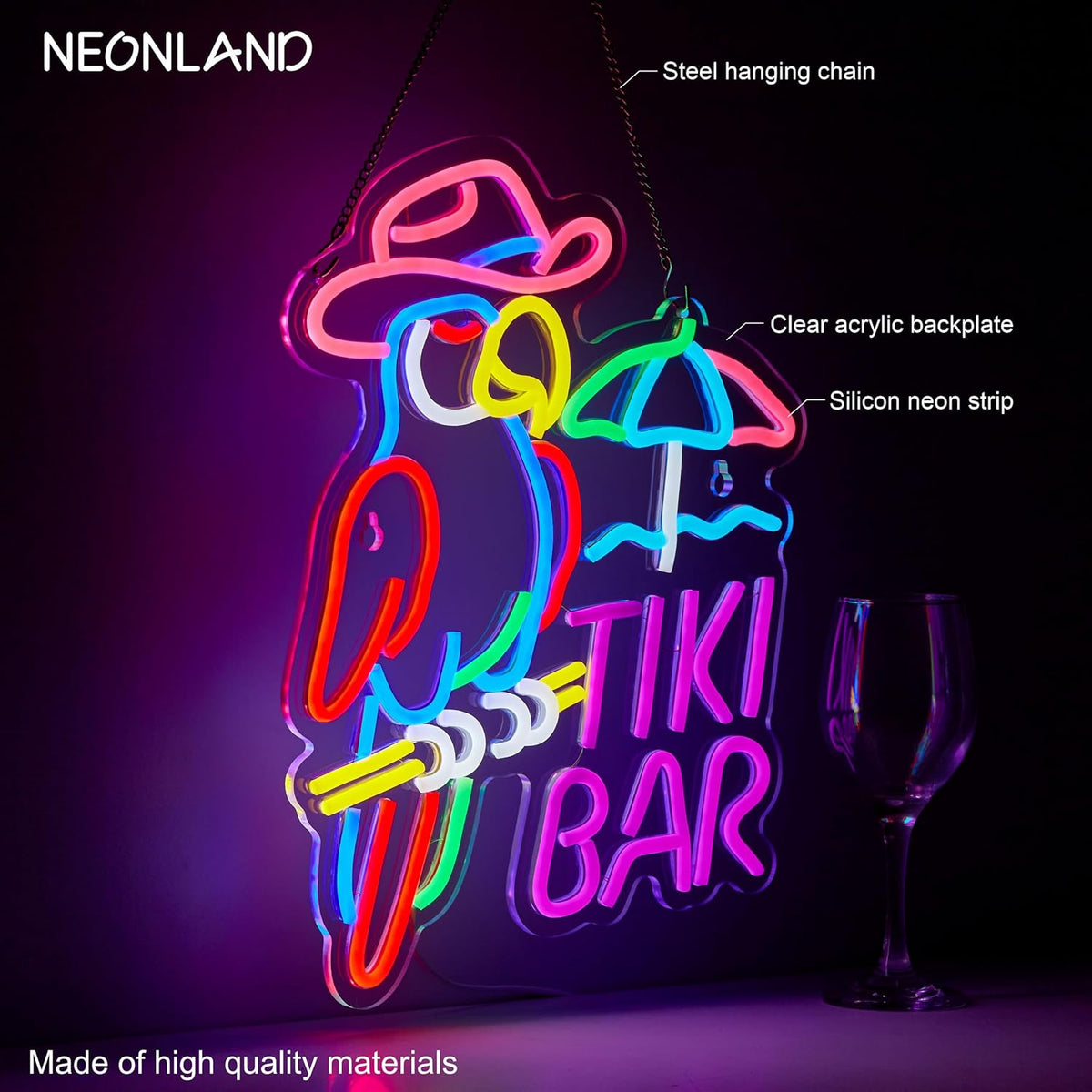 Tiki Bar Parrot Neon Sign for Wall Decor Hawaii Beach Bar LED Light up Signs with Dimmer for Pub Party Man Cave Room Art Decor Gift