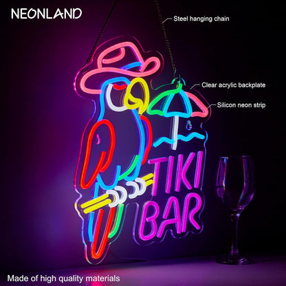 Tiki Bar Parrot Neon Sign for Wall Decor Hawaii Beach Bar LED Light up Signs with Dimmer for Pub Party Man Cave Room Art Decor Gift