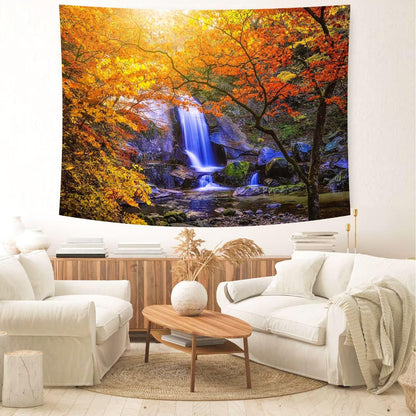 Delur Waterfall Tapestry Forest Nature Scenic Tree Mountain Sunset Tapestry Wall Hanging Natural Landscape Sunrise Headboard for Bedroom Living Room Home Decor (51.2" x 59.1")