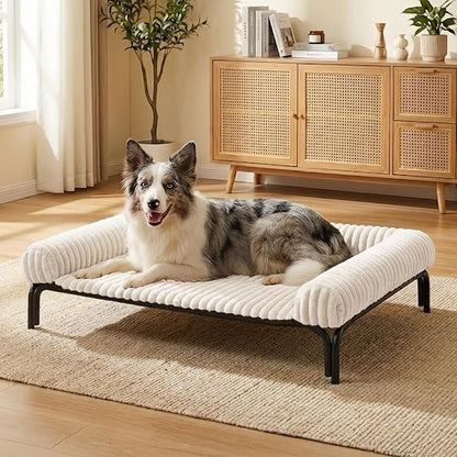 Elevated Dog Bed with Removable Fluffy Pillow Cushion, Raised Pet Cot Washable Bolster, Dog Couch Sofa, Anti Slip Feet, Breathable Mesh, Cream, 49"×36"