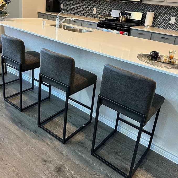 PHI VILLA Bar Stools Set of 3 - Counter Height Bar Stool Leather Stools for Kitchen Counter, Grey Bar Stools with Back
