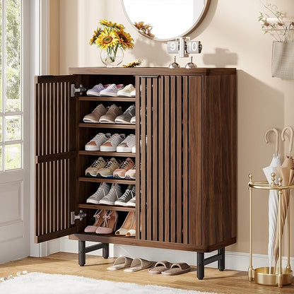 Tribesigns Shoe Cabinet with Shutter Doors, 6-Tier Entryway Shoe Cabinet with Adjustable Shelves, Wooden Modern Rack Organizer for Entryway, Hallway, Closet, Living Room, Dark Walnut