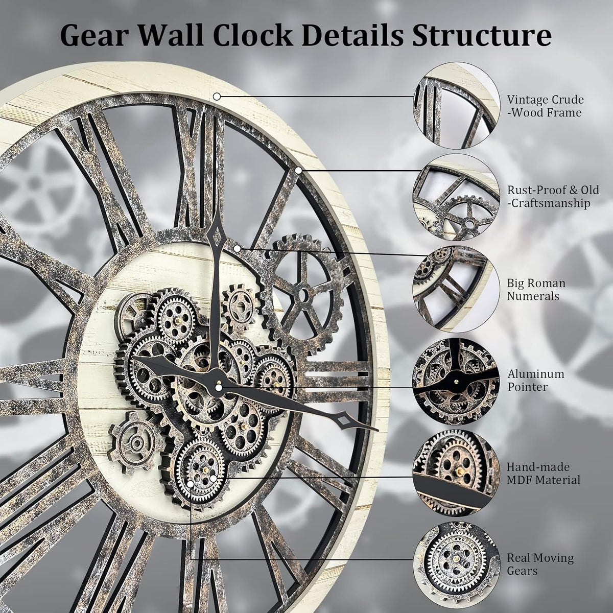 HOIBAI Large Wall Clock, Wall Clocks for Living Room Decor 30 Inch Farmhouse Vintage Rustic Kitchen Wall Decor Vintage Roman Oversized Wall Clock for Home Bedroom House, Moving Gears Clock