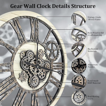 HOIBAI Large Wall Clock, Wall Clocks for Living Room Decor 30 Inch Farmhouse Vintage Rustic Kitchen Wall Decor Vintage Roman Oversized Wall Clock for Home Bedroom House, Moving Gears Clock