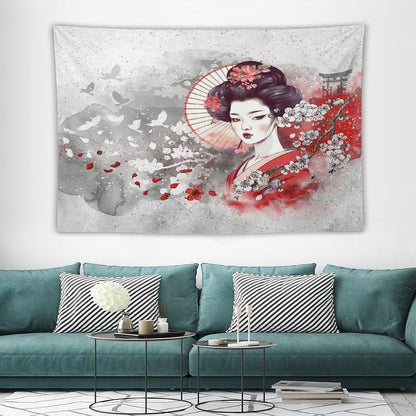 Japanese Geisha Tapestry Asian Red Cherry Blossom Traditional Kimono Folk Tapestries Home Decor for Living Room Bedroom Apartment Farmhouse Dorm 60"x40"