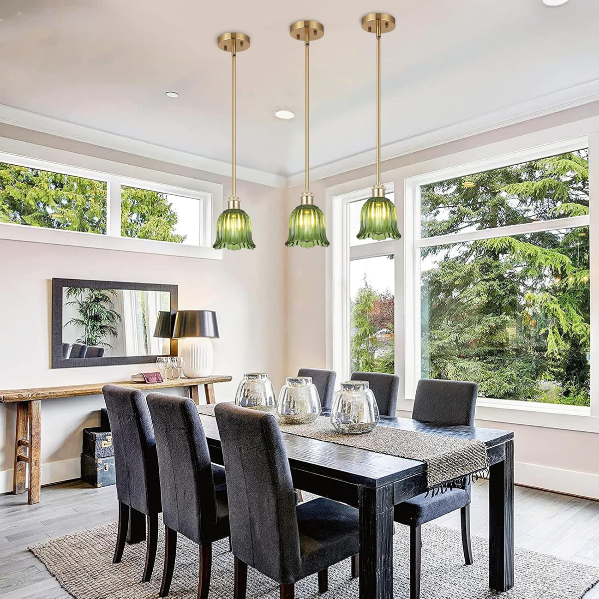Modern Gold Pendant Light 3 Pack Brushed Brass Mid Century Chandelier Green Glass Shades Adjustable Rods Farmhouse Ceiling Hanging Lighting Fixture Kitchen Island Dining Room Bedroom
