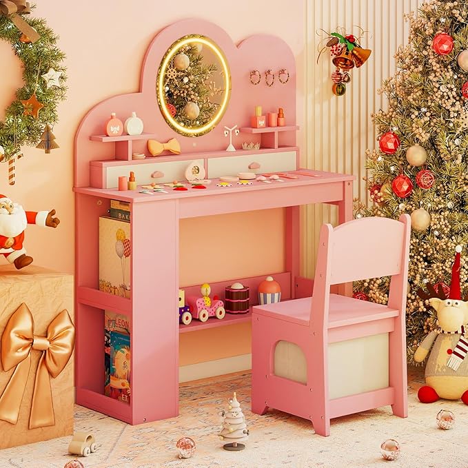 Costzon Kids Vanity, Girls Vanity Set with Lighted Mirror, Bookshelf, Drawers, Hooks & Storage Shelves, Toddler Makeup Vanity Desk Dressing Table, Wooden Kids Vanity Table and Chair Set (Pink)