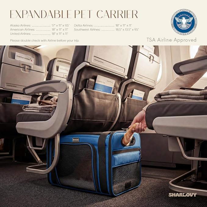 Top-Side Expandable Pet Carrier, Treat Window,18x11x11 Airline Approved | for Delta American United,Soft-Sided Cat Carrier,Anti-Scratch Mesh,Lockable Zippers,Dog Carrier for Kitten,Rabbit,Puppy,Blue