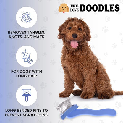 We Love Doodles Medium Curved Slicker Brush and Scissors Kit- Soft Pin Goldendoodle Brush and Dog Scissors - for Dematting & Shedding - Made in USA