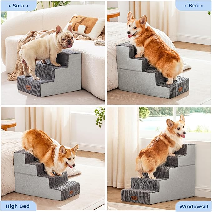 Dog Stairs for Small Dogs - Pet Stairs 2 in 1 with Zippers Suitable for Couch and Bed, 35D Foam Dog Steps with Non Slip Bottom Grey 4 Steps, Brown