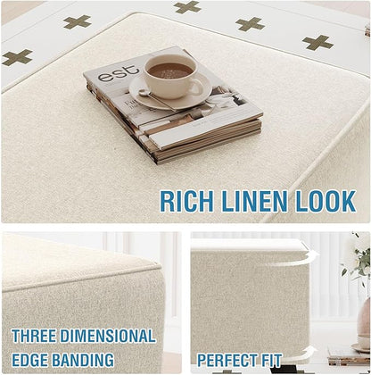 H.VERSAILTEX Thick Ottoman Cover Durable Linen Look Storage Ottoman Slipcover Footrest Stool Covers with Storage Side Pocket for Square Ottoman Fit Length 18"-19" Footrest - Heather Ivory