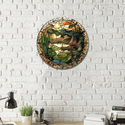 Lygond Metal Sign Tin Sign Circular Stained Glass Alligator Minimalist Wall Art for Home Decor 12×12 Inches