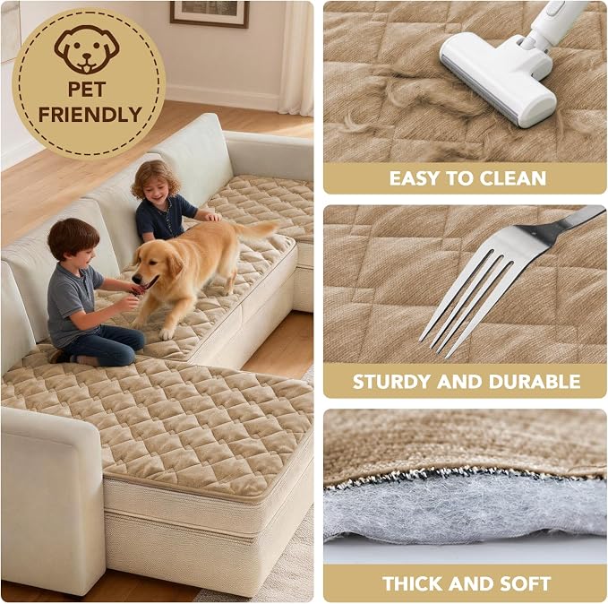 H.VERSAILTEX Chenille Couch Cover for Dogs Washable Soft Fuzzy Sofa Covers for 3 Cushion Couch Sectional Sofa Cover Thick Pet Couch Cover Protector Non-Slip Dog Bed Cover(Khaki, 28" x 102")